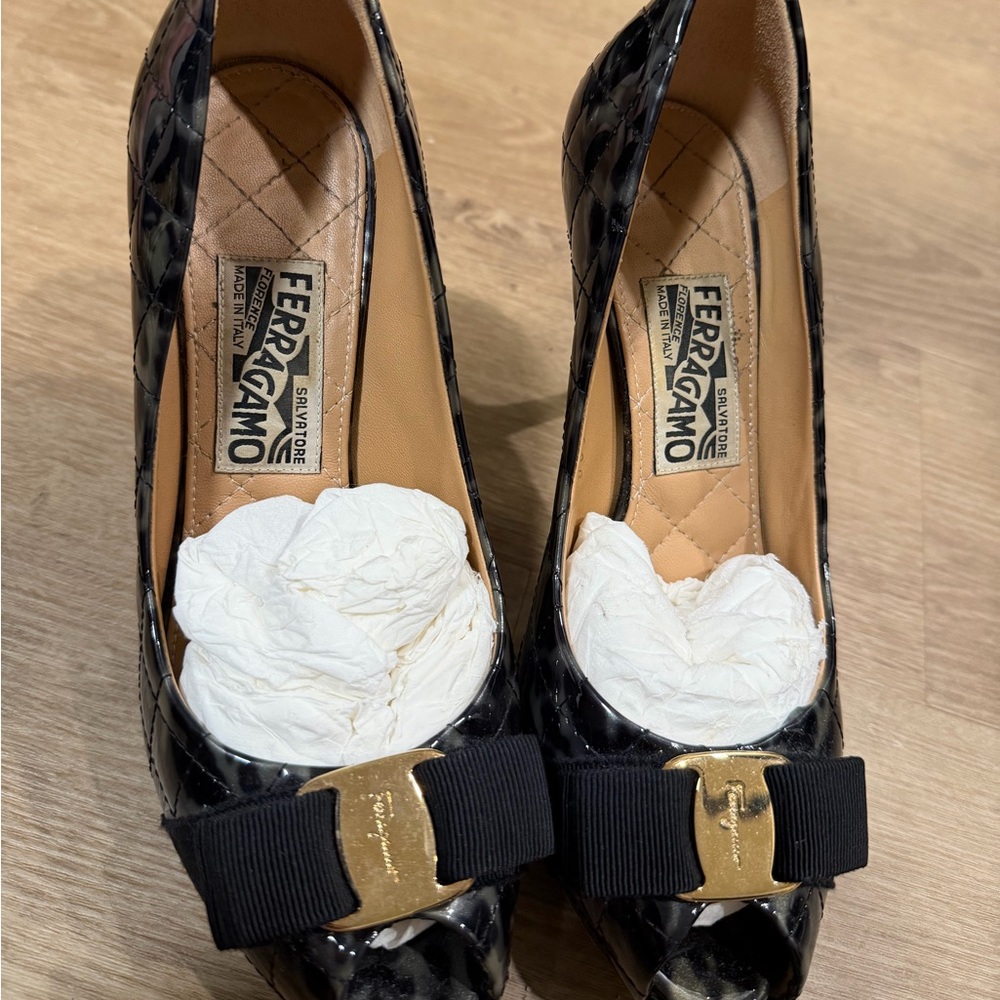 Salvatore Ferragamo Black Patent Heels with Gold Buckle